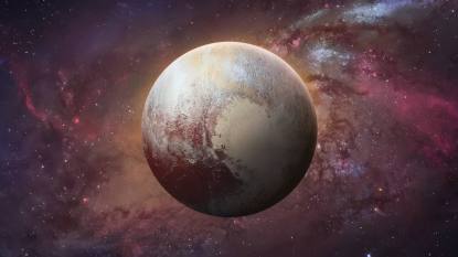 Pluto planet sphere. Exploration and expedition on far planet. Pluto planet in space. Solar system. Elements of this image furnished by NASA (Pluto retrograde 2024)