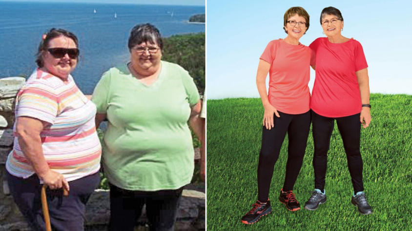 Before and after photos of Becky Thomson and Susie Maines, two sisters who lost a collective 373 lbs by walking
