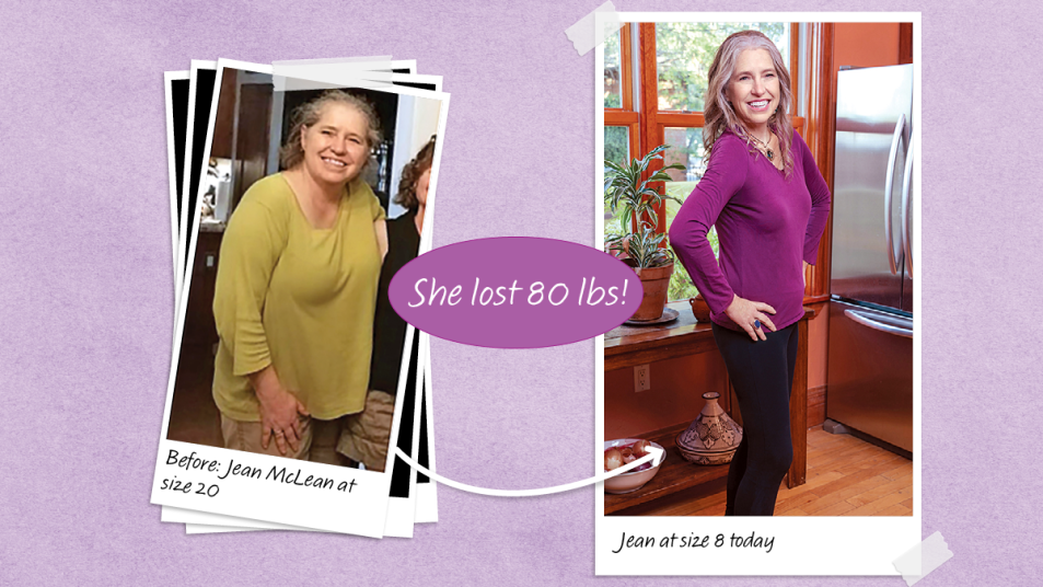 Before and after photos of Jean McLain who lost 80 lbs with tricks to strengthen her prefrontal cortex for weight loss