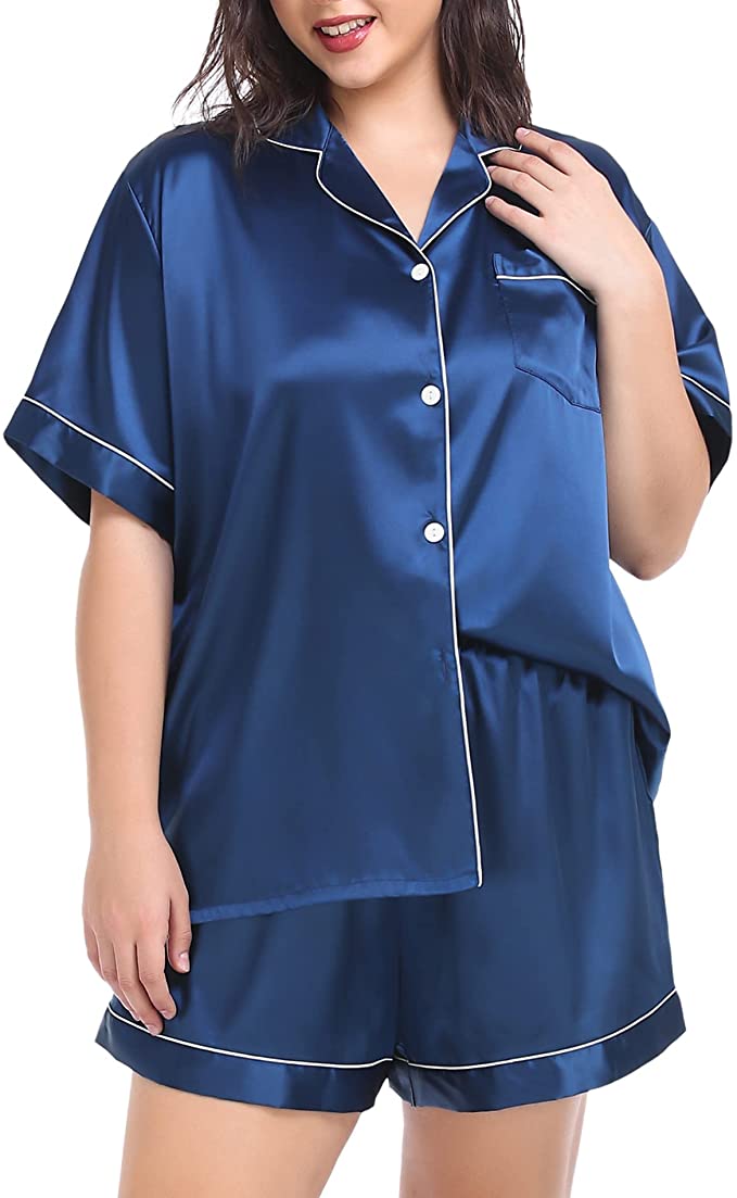 SWOMOG Women's Plus Size Pajamas Silk Satin Pajama Set Short