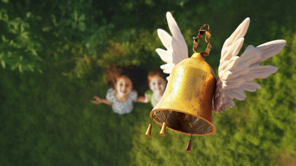 Kids looking at an Easter bell flying over the park. A bell flying from Rome to Netherlands, Belgium or France during Holy Saturday. French Easter, Belgian Easter, dutch Easter.