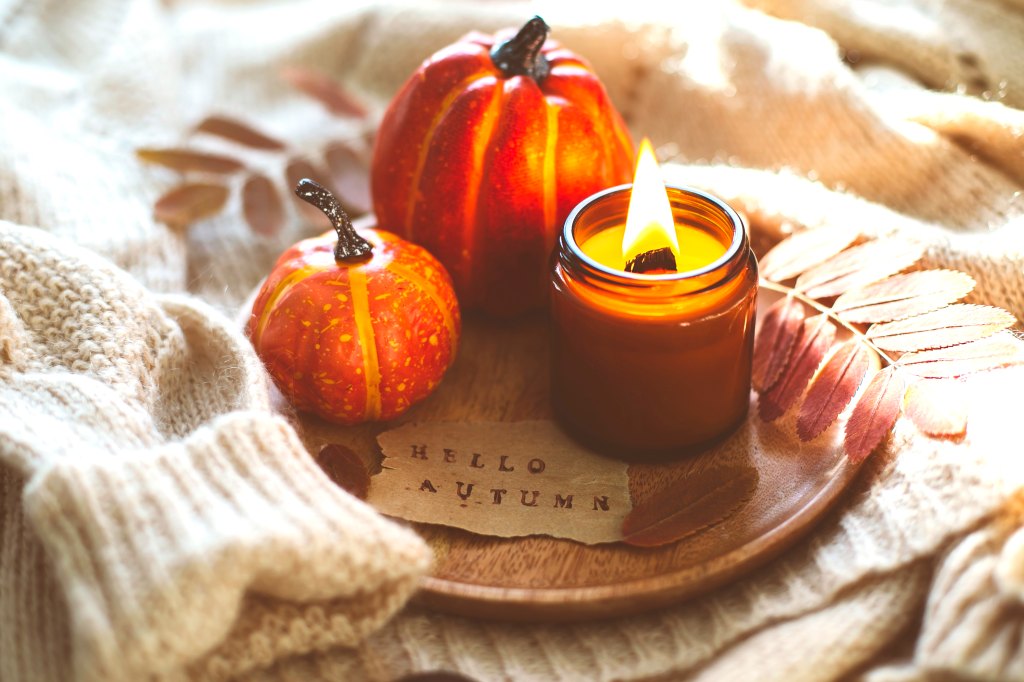 Halloween Movie Night: Create a Cozy Candlescape on a tray with gourds and battery-run candles