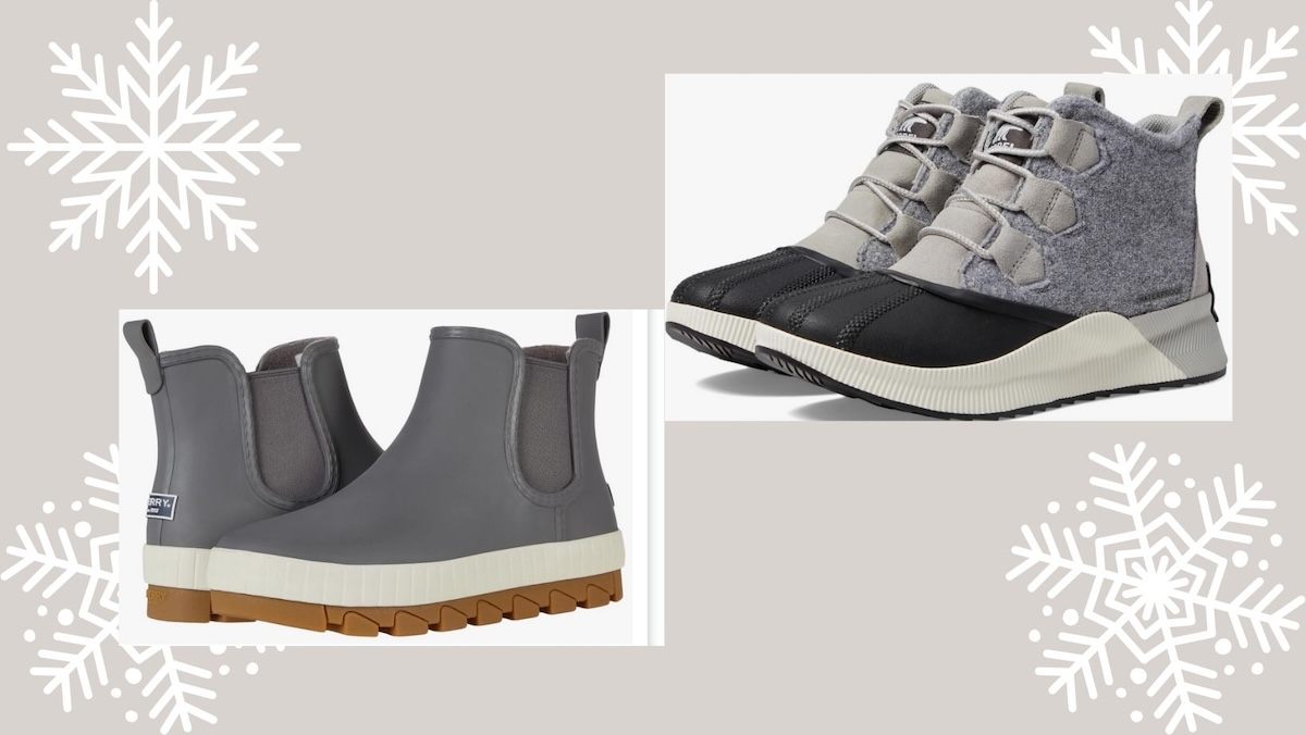 A Canva image featuring snowflakes in each corner with two images of women's winter shoe options from Zappos.