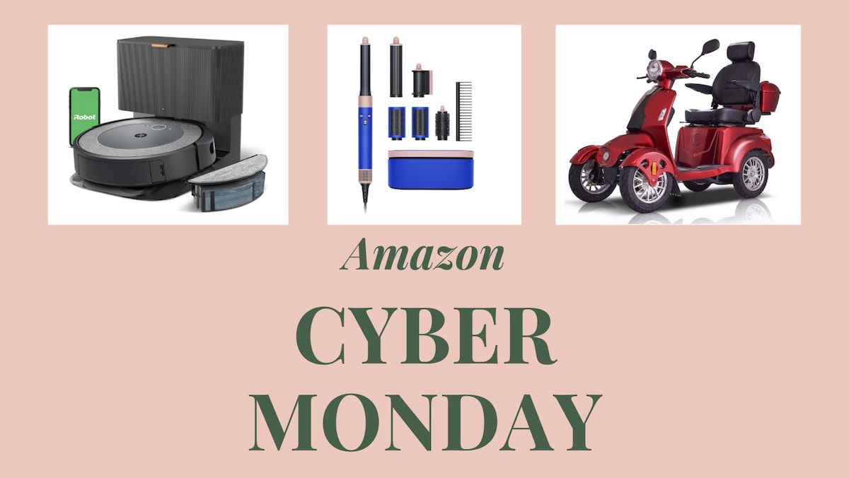 A Canva image with pictures of a iRobot Roomba, Dyson Airwrap, and mobility scooter for seniors from Amazon with text that reads 'Amazon Cyber Monday.'