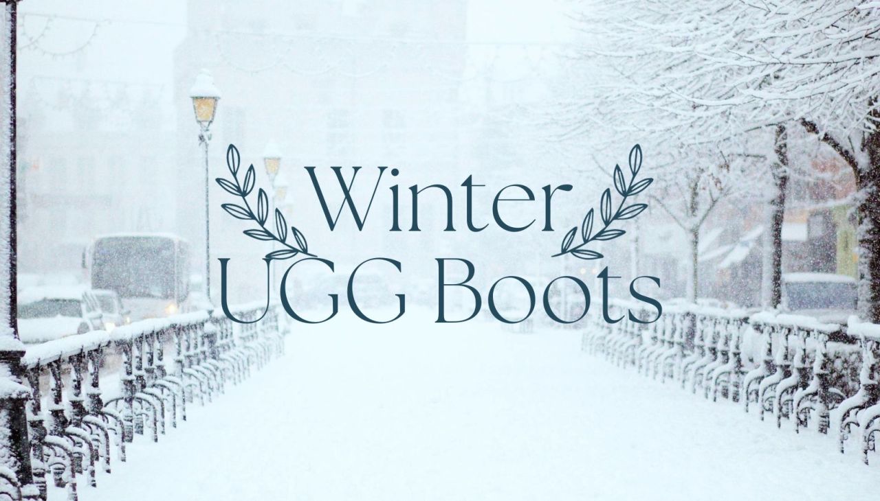 An image of a wintry cityscape with snow and text that reads 'Winter UGG Boots.'