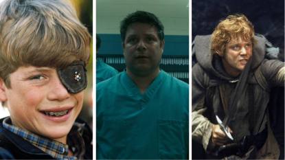 sean astin movies and tv shows: Sean Astin in 'The Goonies' (1985), 'Stranger Things' (2017) and 'The Lord of The Rings' (2003).