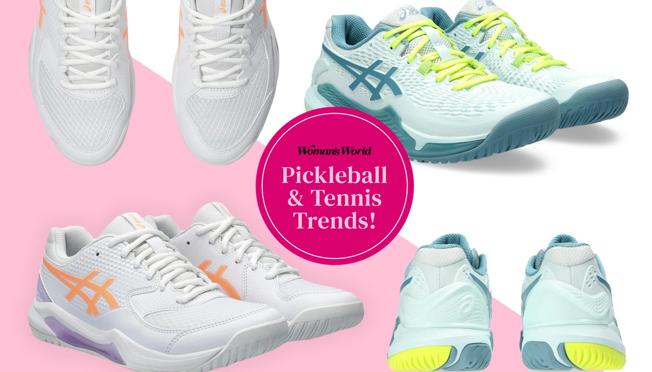 Various tennis and pickleball shoes arranged on a pink and white background with text that reads 'Woman's World; Pickleball and Tennis Trends.'