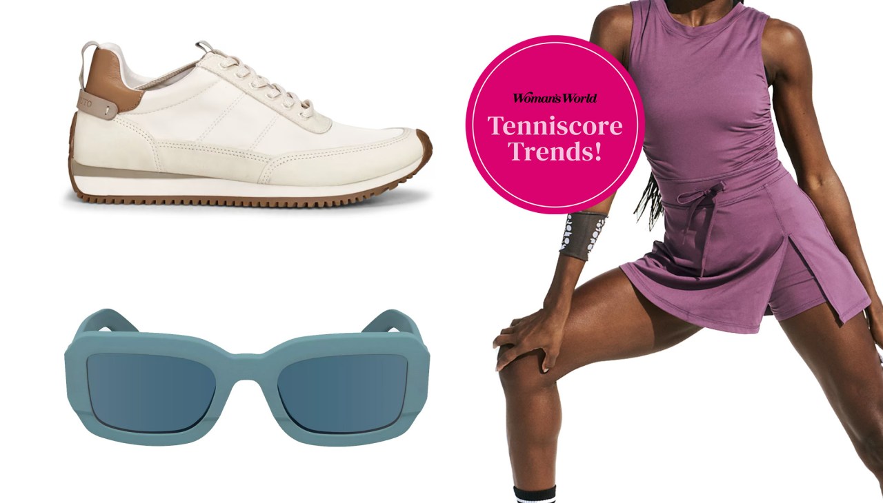 Tennis sneakers, sunglasses, and a woman in a tennis dress with text that reads 'Woman's World Tenniscore Trends!'