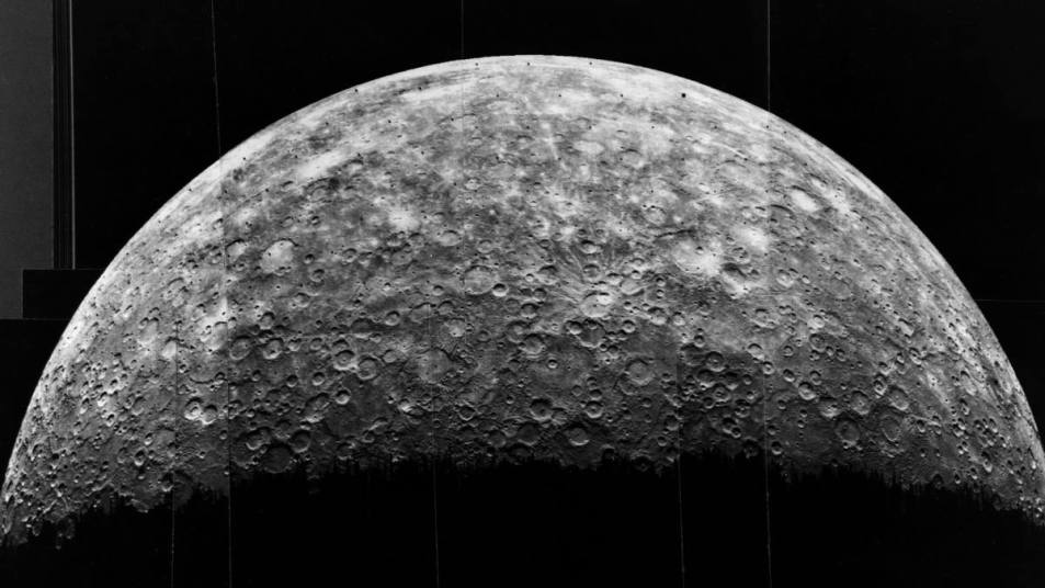 A half disk view of the planet Mercury, taken by the Mariner 10 space probe, 1974. South is to the left. | Location: Mercury.