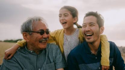 quotes for fathers day: Young girl having fun with her grandfather and father by sea at sunset, Japan
