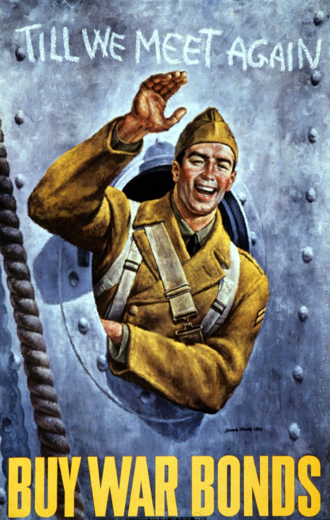 World War II, American propaganda poster showing a smiling soldier in a khaki uniform and cap waves from a porthole