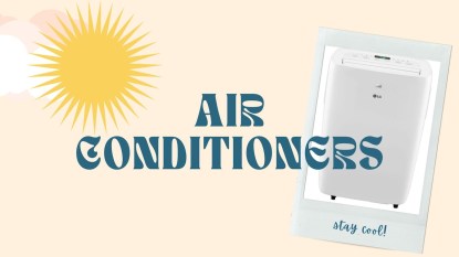 A graphic with sun and clouds and a polaroid picture of a portable air conditioning unit and teal text that reads 'Air Conditioners.'