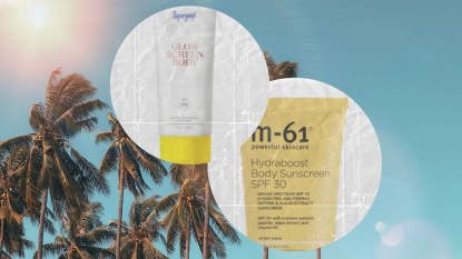 An image of palm trees with the sun shining and circular frames with Supergoop sunscreen and M-61 sunscreen.