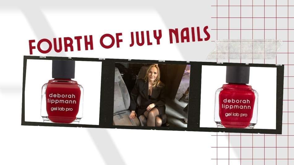 A photo strip of Deborah Lippmann nail polish with a photo of Kim Cattrall wearing the color 'My Old Flame.'