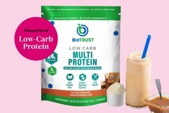A bag of low-carb high protein powder from BioTRUST next to a shake and various other foods with text that reads 'Woman's World low carb protein.'
