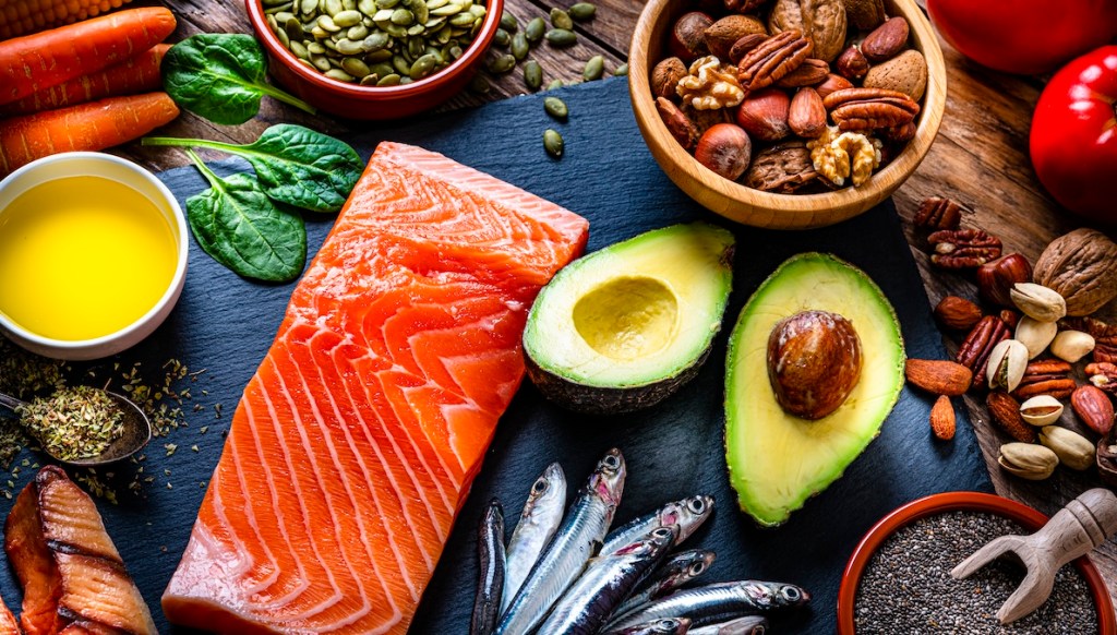 salmon and avocado with nuts