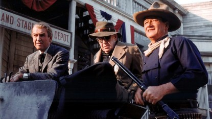 James Stewart, John Ford and John Wayne in a behind-the-scenes moment from 1962's The Man Who Shot Liberty Valance