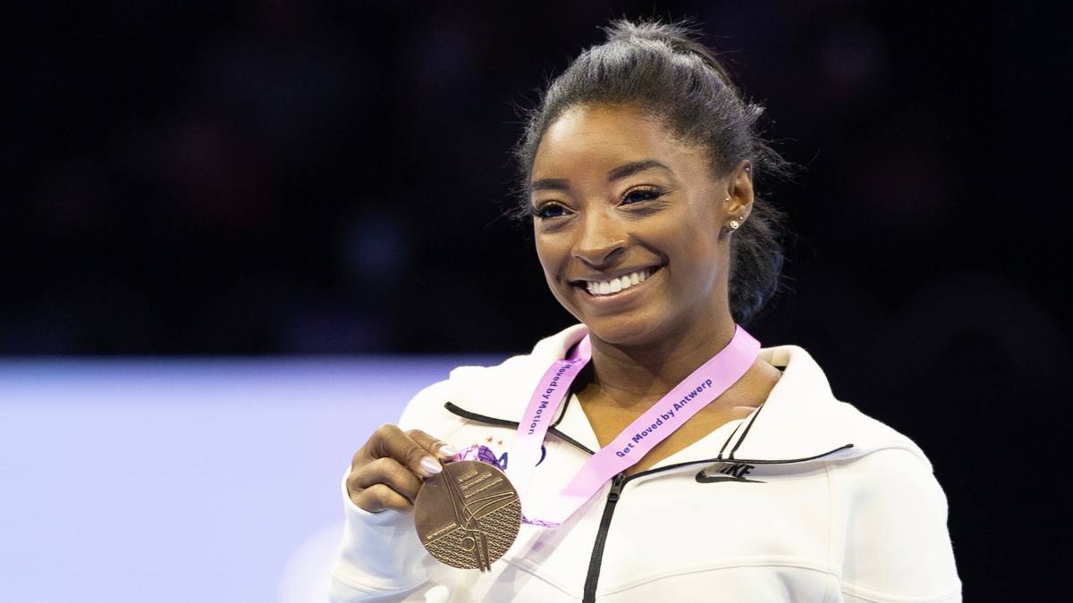 October 08: Simone Biles of the United States on the podium with her gold medal after her victory in the Women's Balance Beam Final at the Artistic Gymnastics World Championships-Antwerp 2023 at the Antwerp Sportpaleis on October 8th, 2023 in Antwerp,