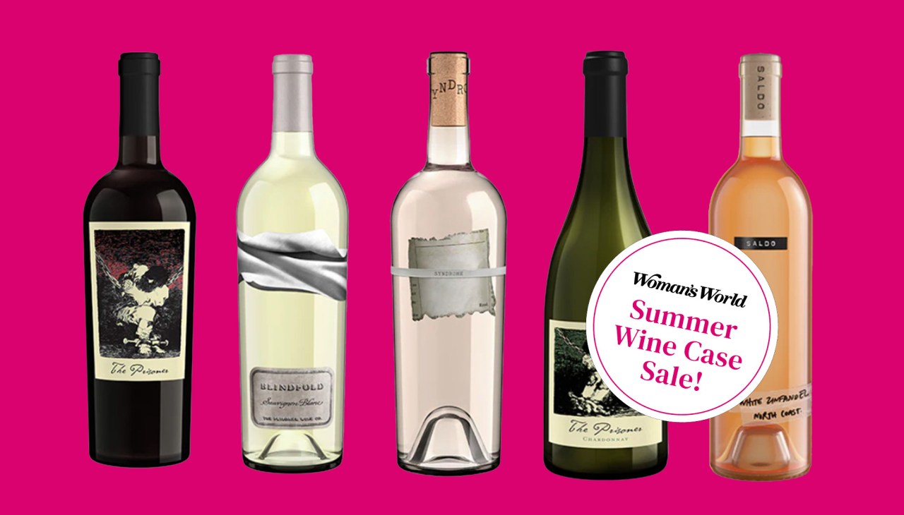 An image with a pink background and various bottles of wine from Prisoner Wine with a callout bubble that reads 'Woman's World Summer Wine Case Sale.'