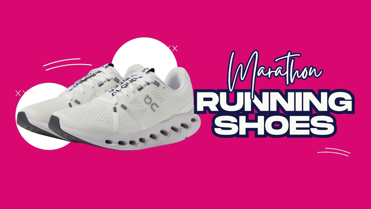 An image with a pink background, a pair of On running sneakers, and text that reads 'Marathon Running Shoes.'