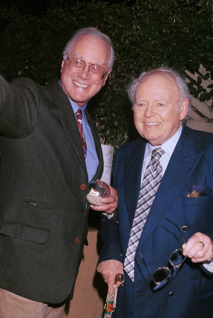 Actors Larry Hagman and Carroll O''Connor attend the Spago closing party hosted by celebrity chef Wolfgang Puck and his wife Barbara Lazaroff March 28, 2001 in West Hollywood, CA.