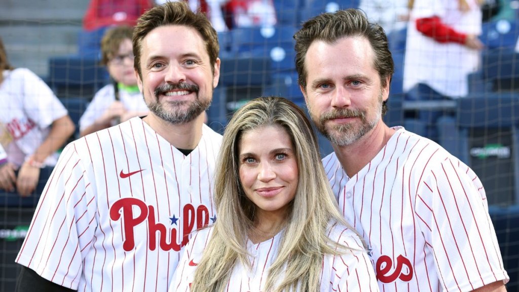 Danielle Fishel with her 'Pod Meet's World' co-hosts Rider Strong and Will Friedle (2023)