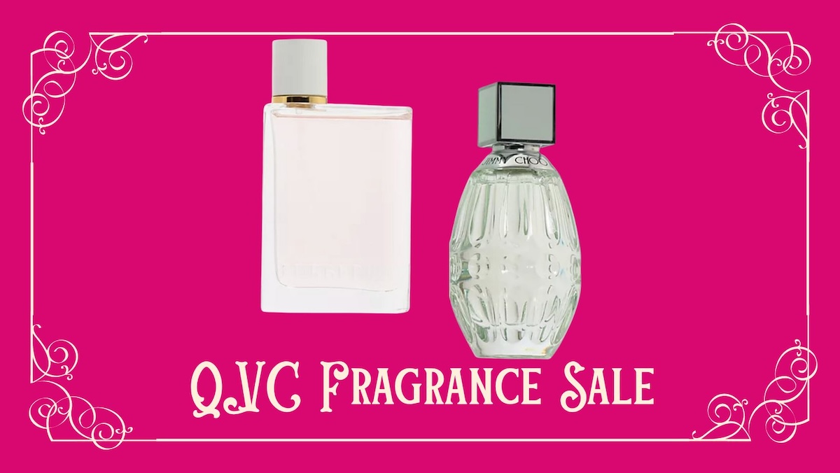 An image with a scroll-like frame and pictures of Burberry Her Perfume and a fragrance from Jimmy Choo above text that reads 'QVC Fragrance Sale.'