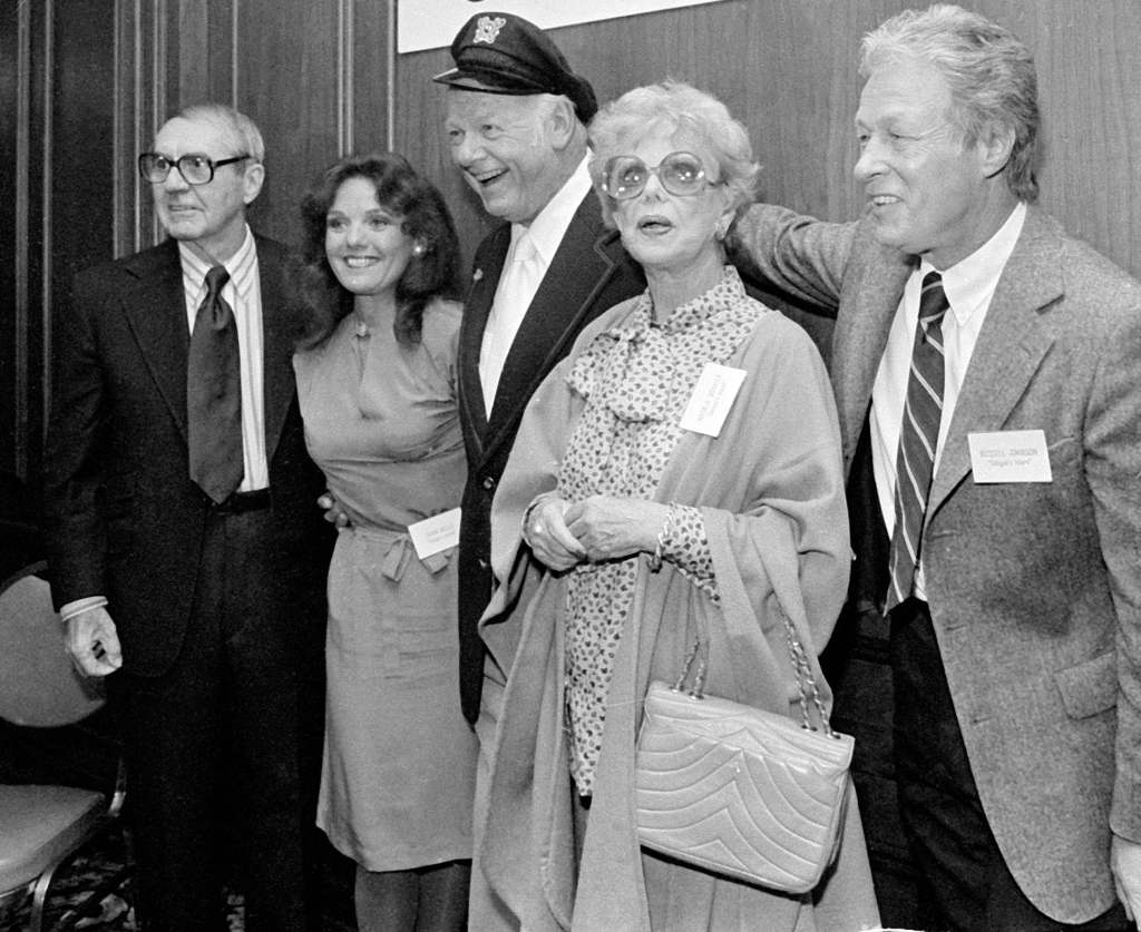 Cast members from 'Gilligan's Island' (L to R): Jim Backus, Dawn Wells, Alan Hale Jr., Natalie Schafer and Russell Johnson joined other television stars from 1960's and 1970's during luncheon gathering at Century Plaza Hotel, April 13, 1983 in Los Angeles, California. 