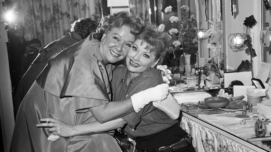 (Original Caption) Lucille Ball embraced by Vivian Vance (Ethel Mertz) in "I Love Lucy" TV series.