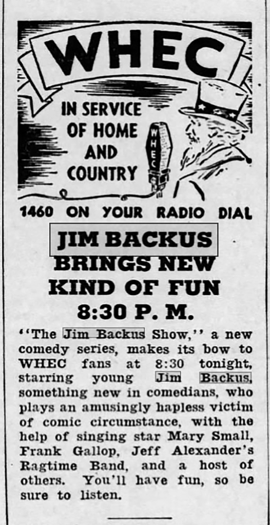 Newspaper ad for The Jim Backus Show on the radio.