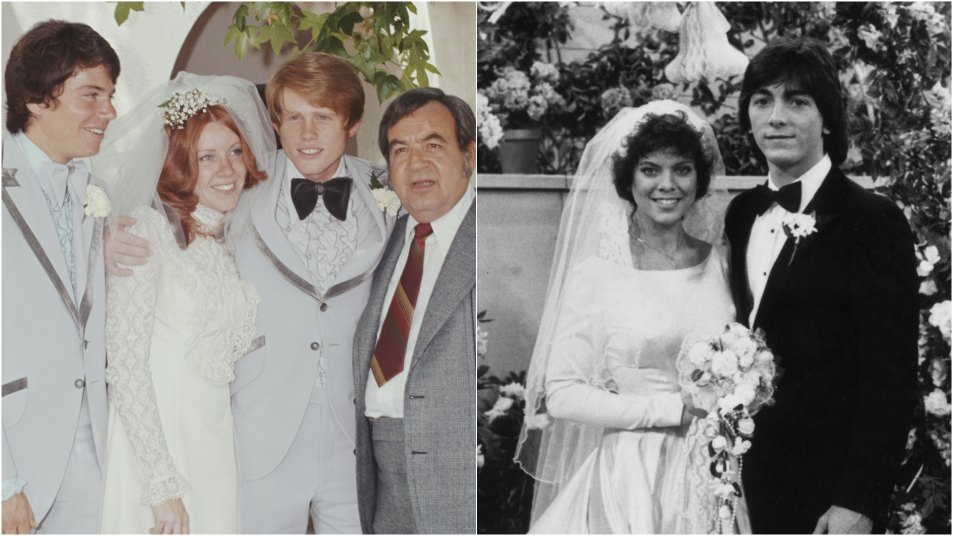 L-R: Ron Howard's actual 1977 wedding, and Joanie and Chachi's 1984 fictional one on Happy Days.