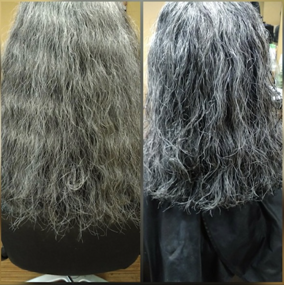 Twitter user @gigistylist demonstrates blue shampoo on her silver mane