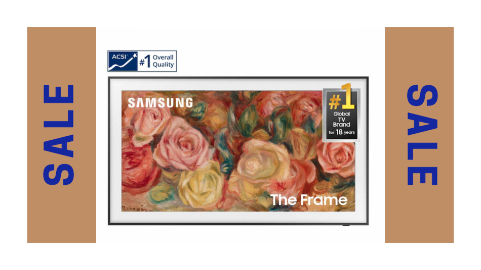 A Samsung frame TV framed by text that reads 'Sale' on the left and right sides.