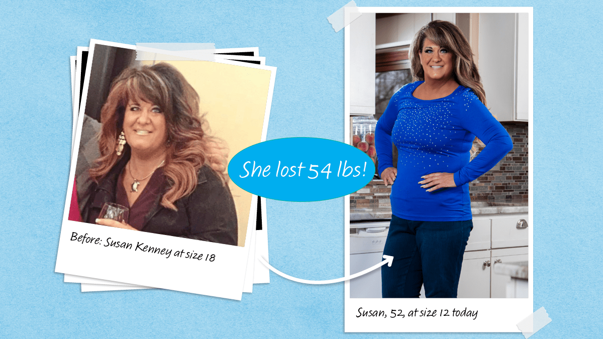 Before and after photos of Susan Kenney who lost 54 lbs with the help of spice fruit for weight loss