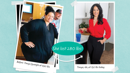 Before and after photos of Tonya Spanglo who lost 280 lbs with the help of #watertok and flavored waters