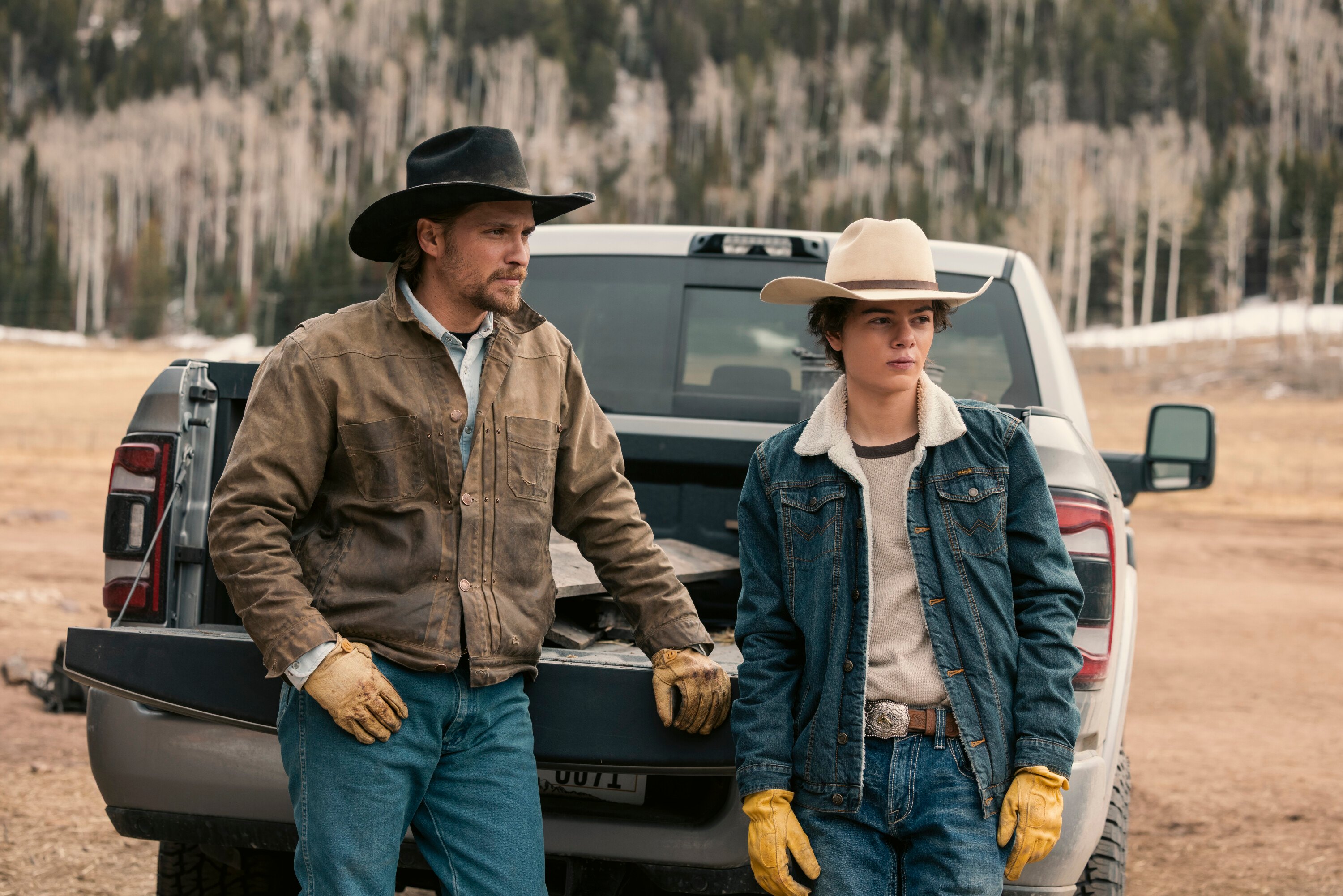Luke Grimes as Kayce Dutton and Brecken Merrill as Tate Dutton, Marshals Season 1, 2026