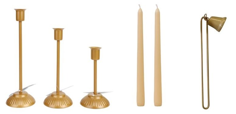Dollar Tree candlesticks, taper candles, candle snuffer
