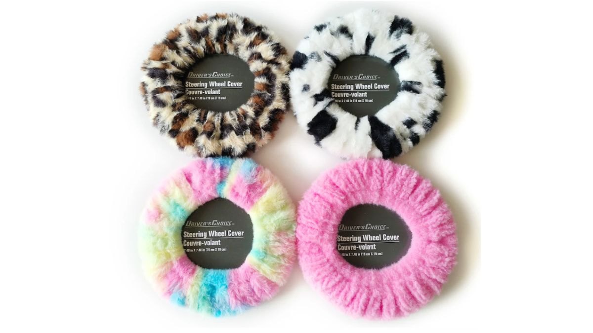 Fuzzy steering wheel covers in fun prints like tie die, from Dollar Tree