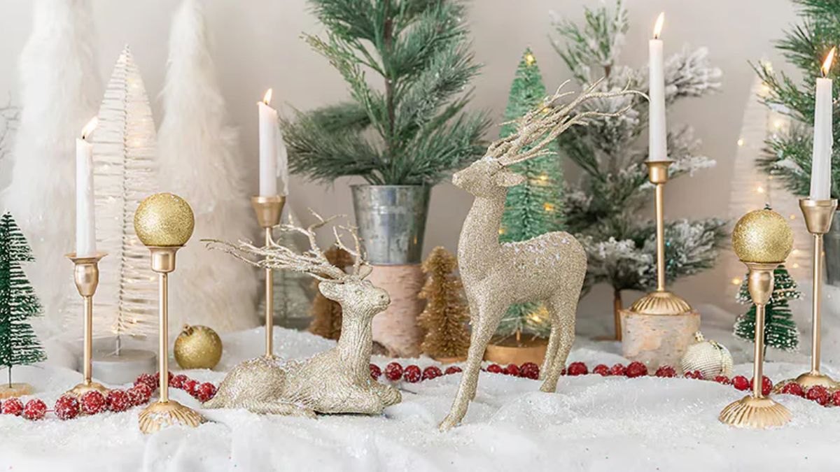 Tablescape with Dollar Tree candles and reindeer