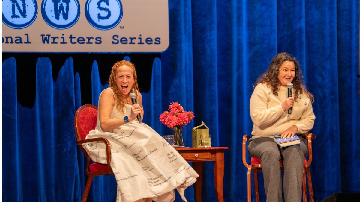 Jodi Picoult sits on the National Writers Series stage in Michigan in October 2026.