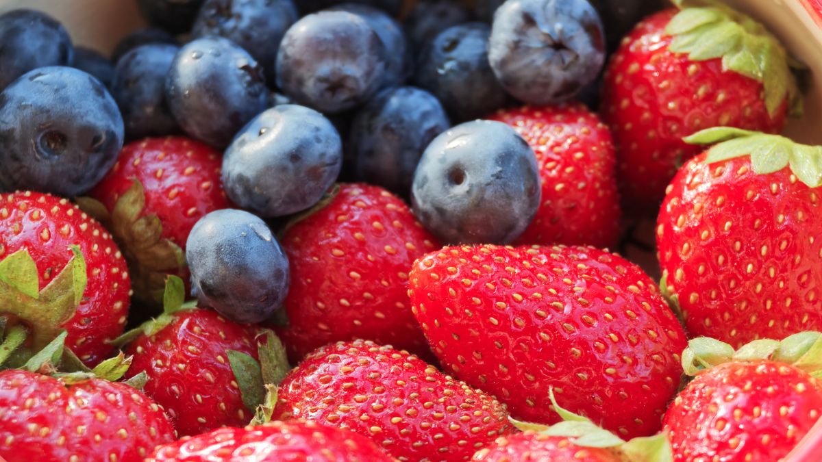 Close-up of strawberries and blueberries