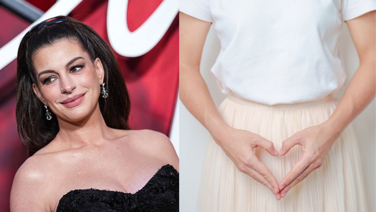Anne Hathaway (left) and a woman making a heart with her hands over her pelvic floor (right)