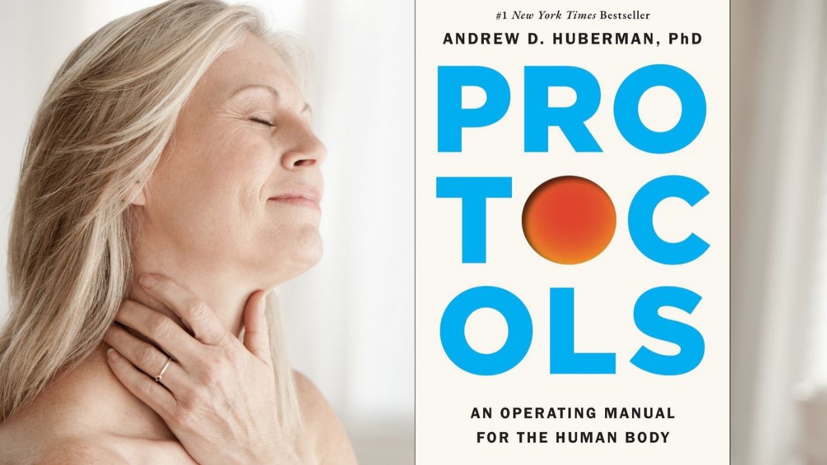 Woman practicing physiological sighs (left) and 'Protocols' book jacket (right)