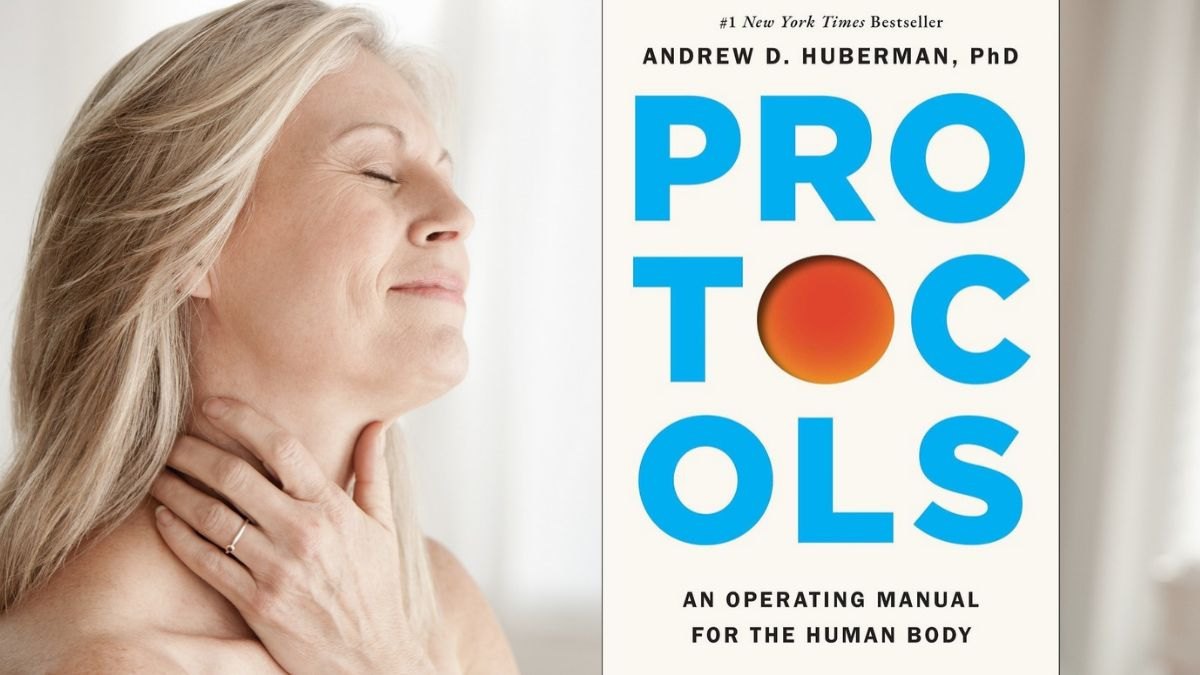 Woman practicing physiological sighs (left) and 'Protocols' book jacket (right)