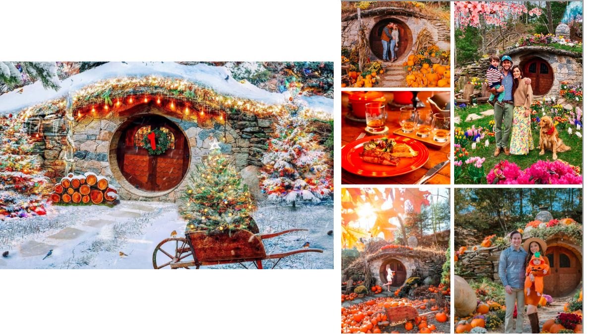 A series of images of the Hobbit House decorated for different seasons.
